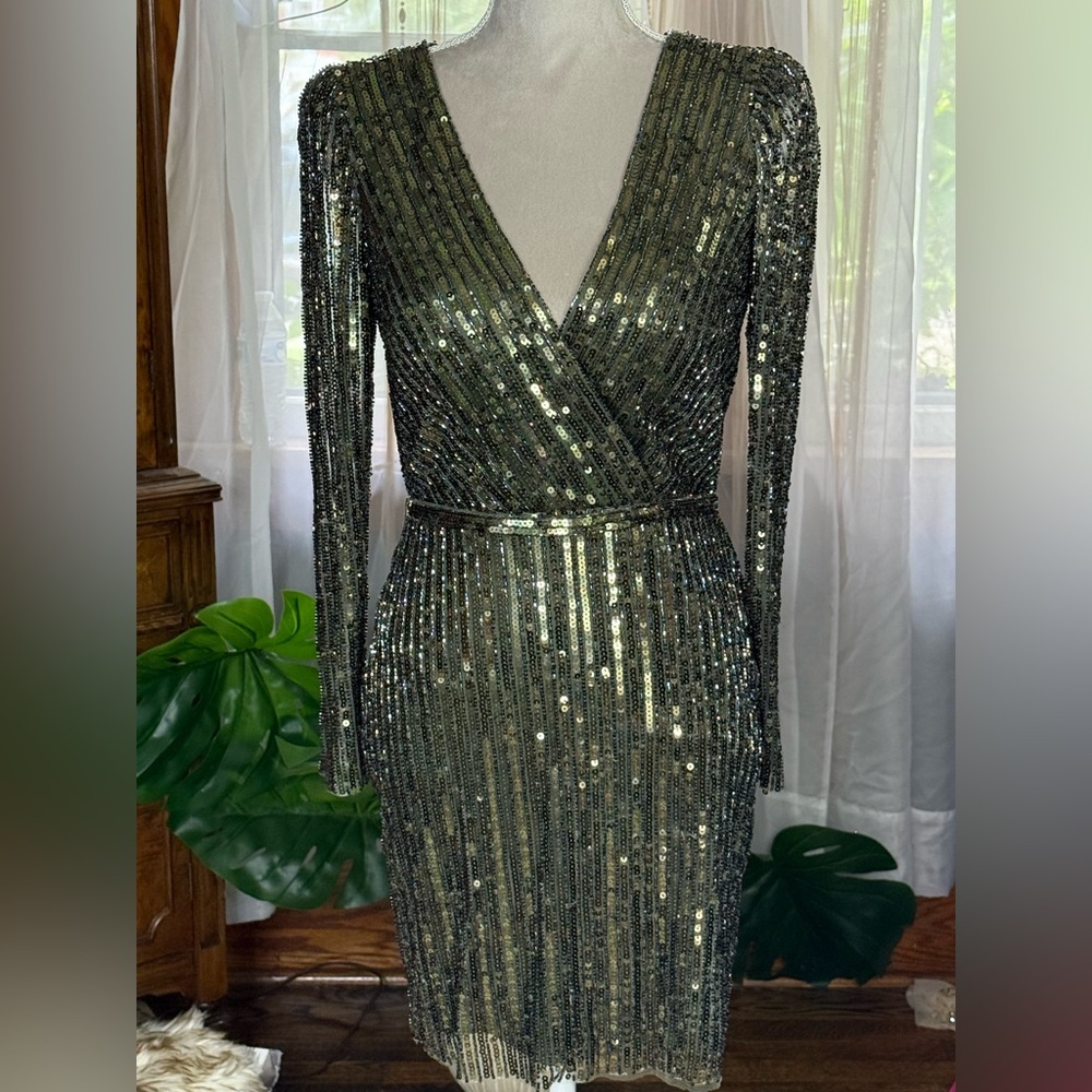 Mac Duggal Olive Sequins Striped Mini Dress
